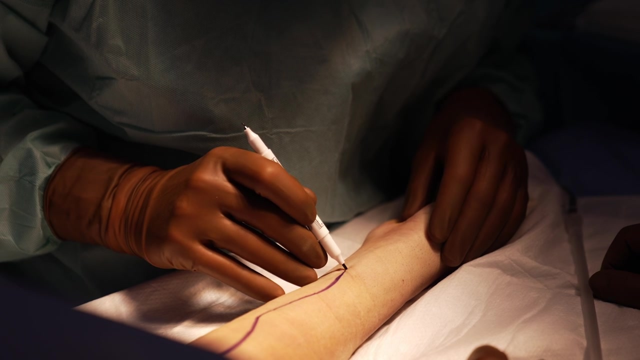 Medico irriconoscibile con guanti in lattice marroni che traccia una linea con un pennarello sulla mano del paziente. Preparazione per la neurochirurgia. Primo piano.