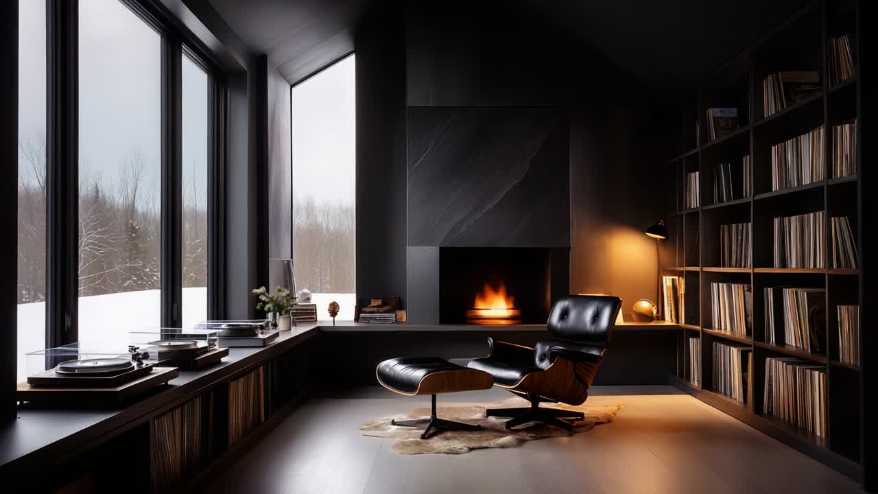 A Cozy Modern Living Space: Stylish Armchair by the Fireplace, Surrounded by Bookshelves Filled with Records and Large Windows Offering a Scenic Winter View in a Dark, Elegant Room