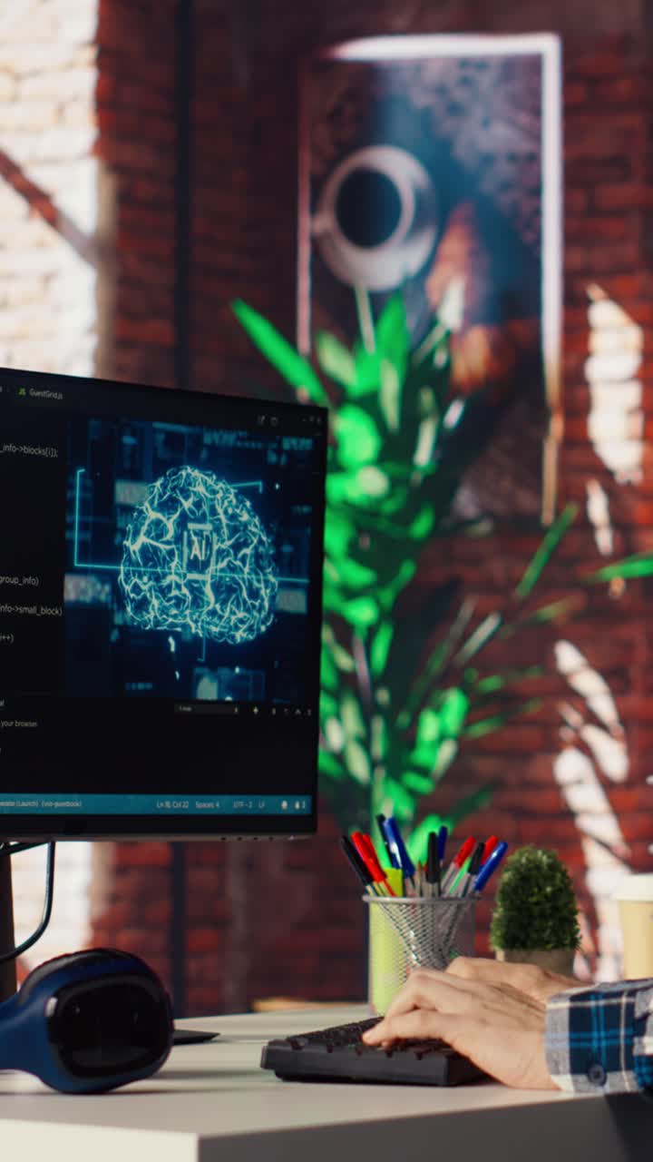 Vertical video Remote worker working with AI deep neural networks on desktop PC