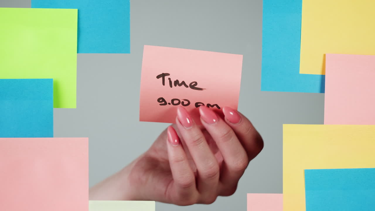 Mano che rimuove un post-it rosa con l'orario 9:00 del mattino.