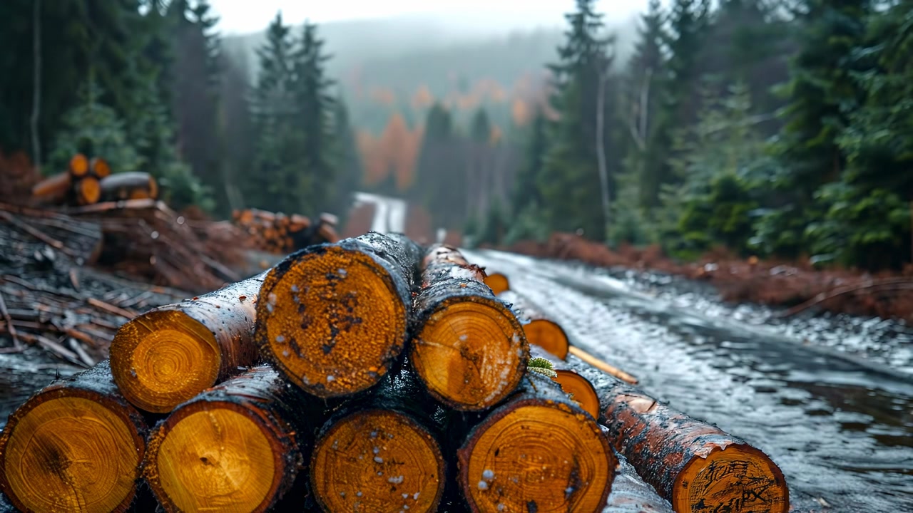 Stacked wooden logs in forest along wet logging road. Stack of freshly cut tree trunks in the foreground with a misty pine forest and dirt road in the background.