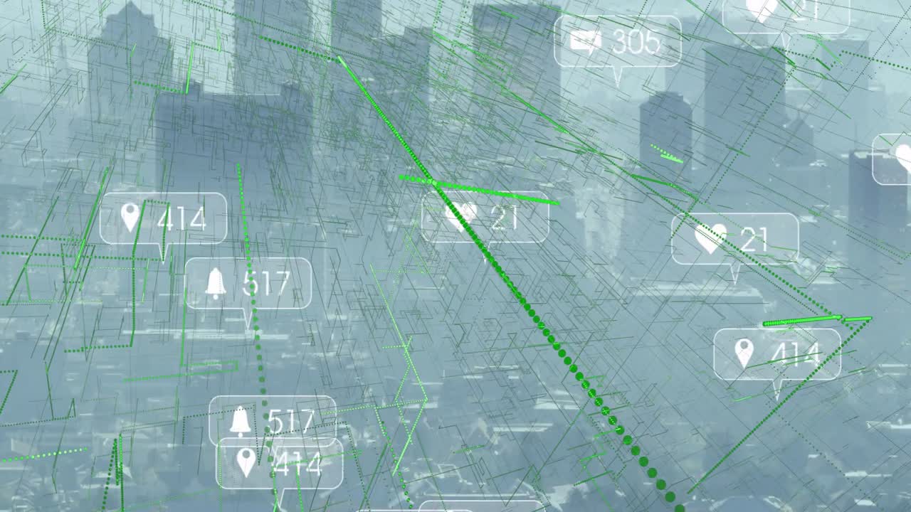 Aerial haze revealing skyline, badges appearing and green lines tracing, visualizing city data