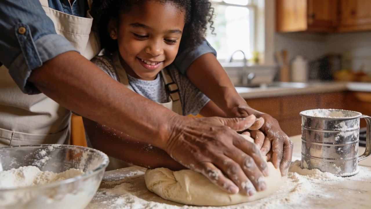 Kneading child and adult in aprons guiding teaching at kitchen counter, shaping dough with sifter