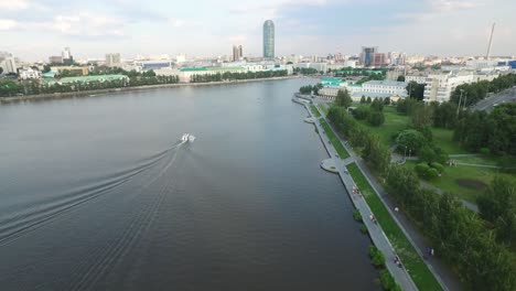 aerial view of city river and park