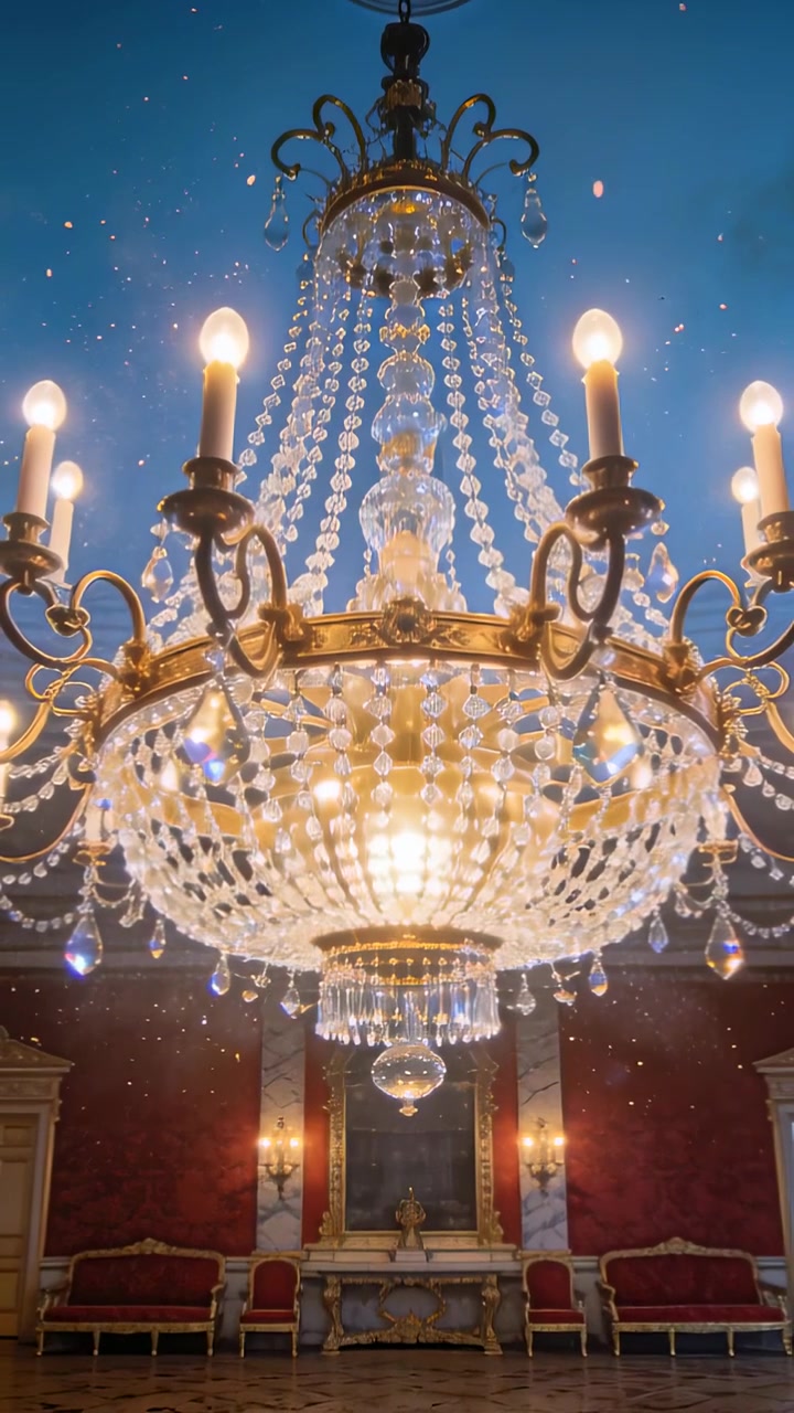 Video verticale: La telecamera inquadra un lampadario che proietta riflessi, rivelando finiture del salone con perline di cristallo.