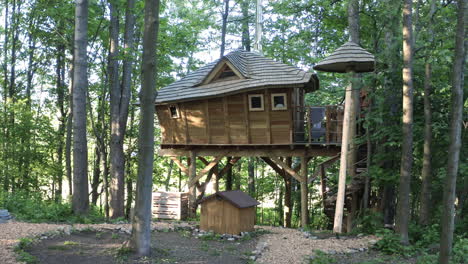 dolly 4k shot of a luxurious wooden treehouse with a campsite in the forests of dolní morava, czech republic in the summer and sunrays shining through the trees