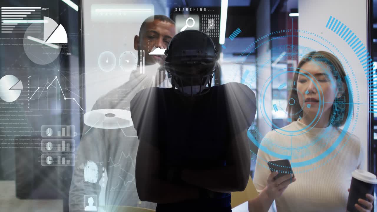 Animation of data processing over diverse business people talking and walking