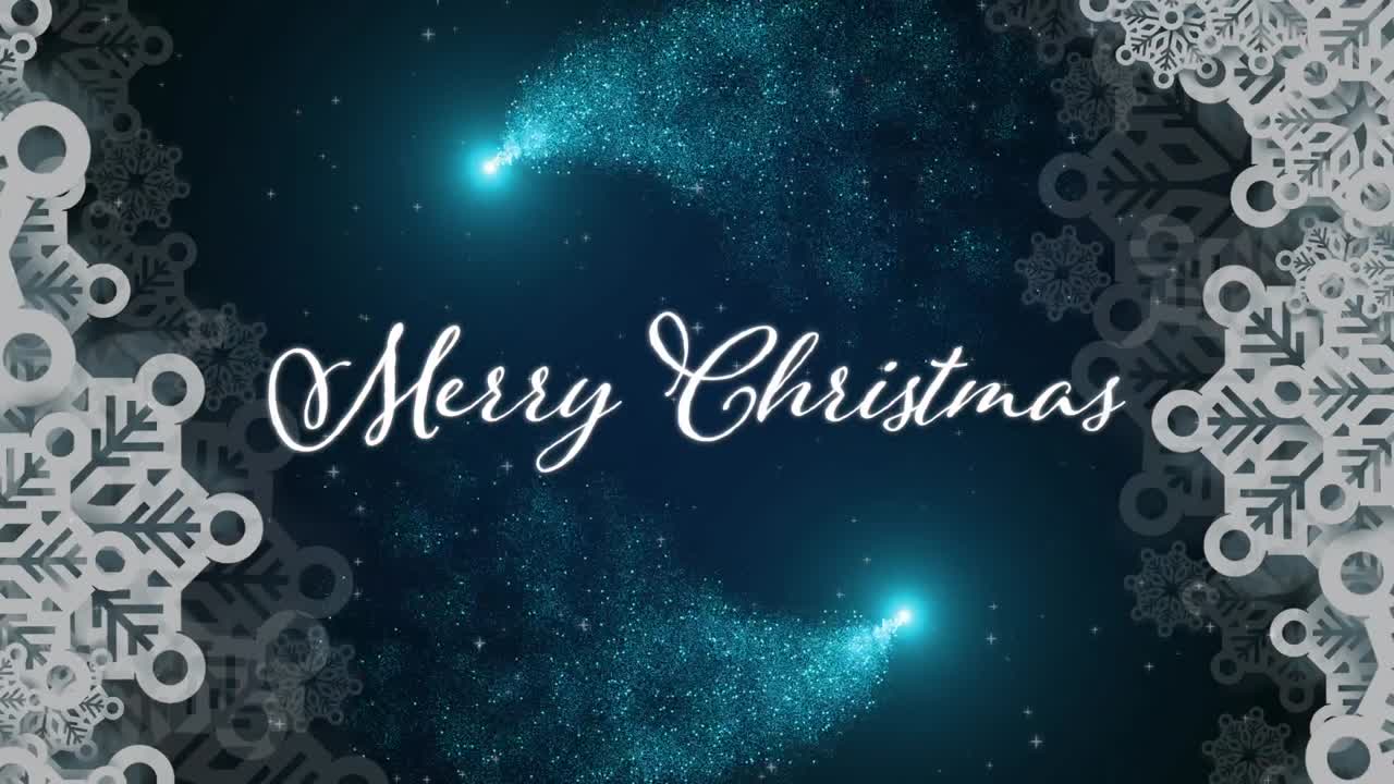 크리스마스 시간 텍스트 배너와 검은색 배경에 파란색 떨어지는 별 위에 눈알의 애니메이션