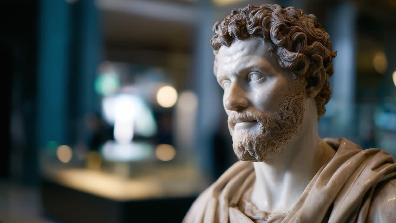 Escultura asombrosa de una figura histórica: cautivador busto de mármol que exhibe un detalle y una expresión impecables en el entorno de un museo de bellas artes.
