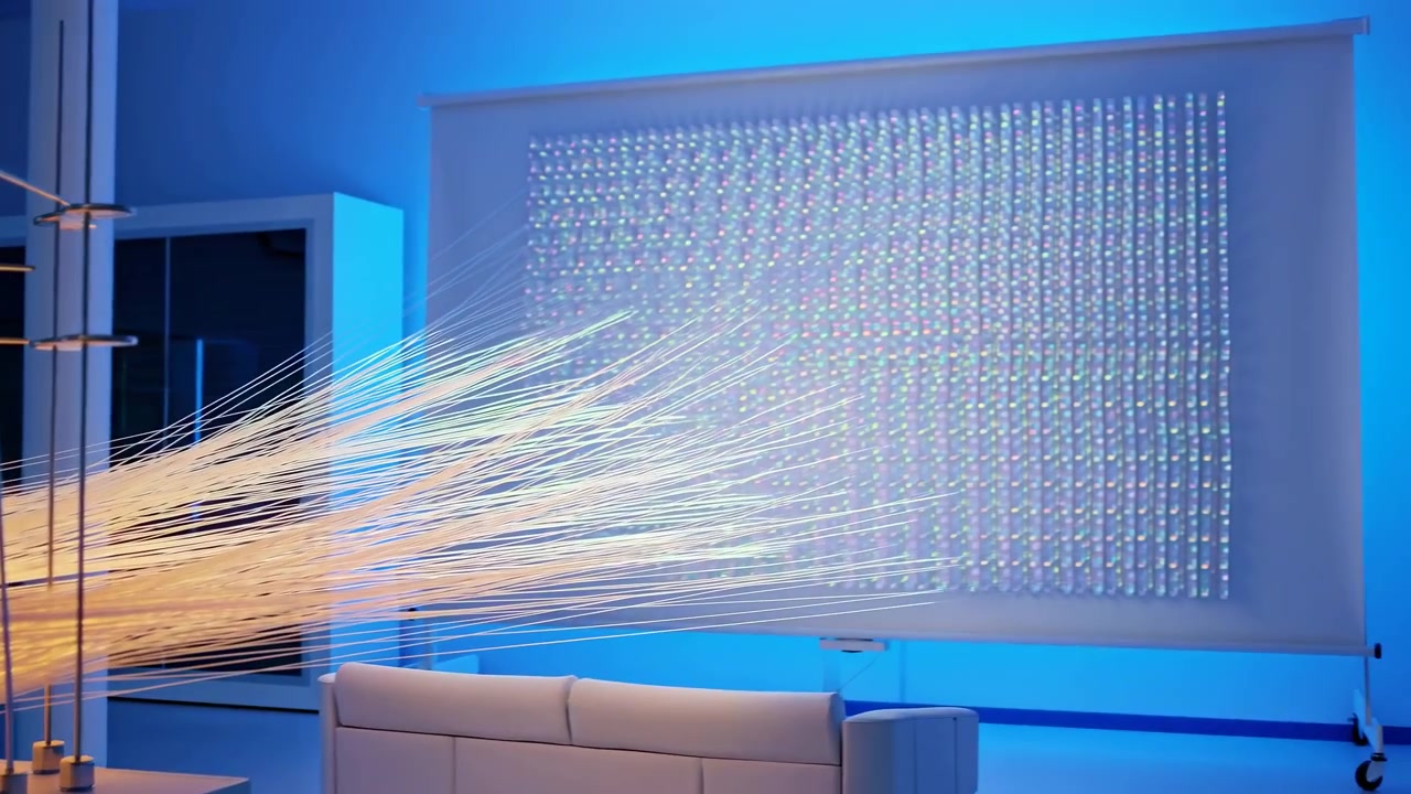 Kinetic fiber installation projecting golden streams across modern living room toward illuminated