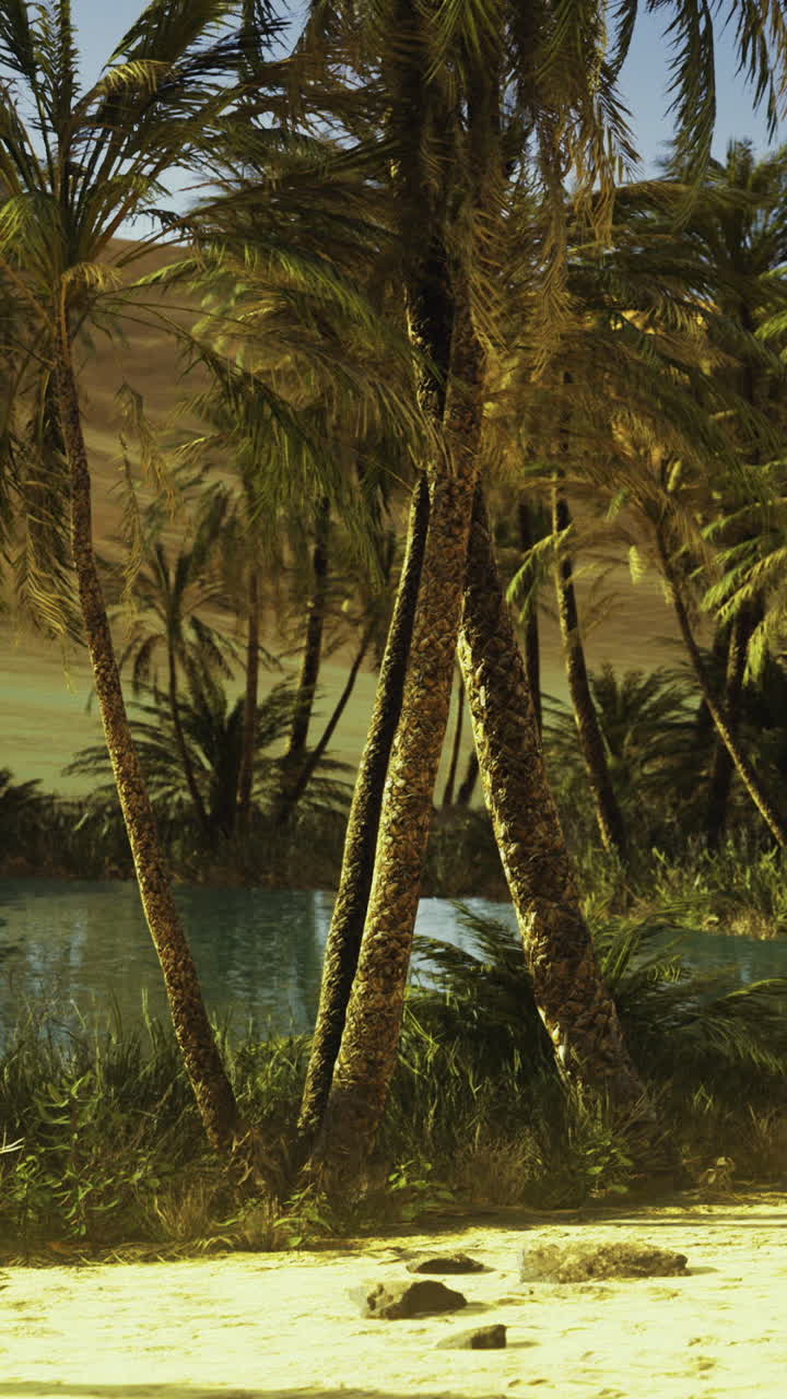 Serene oasis surrounded by palm trees in golden desert landscape