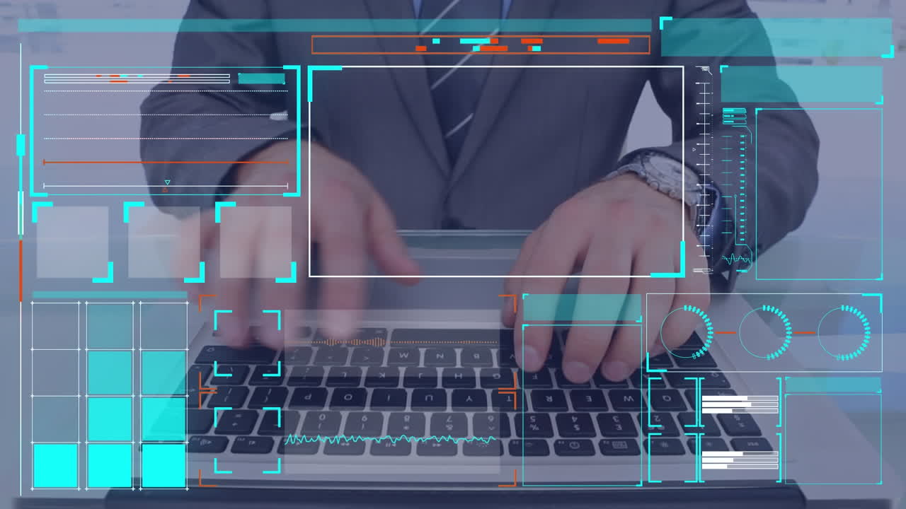 animación de la interfaz con procesamiento de datos contra la sección media del hombre de negocios usando una computadora portátil