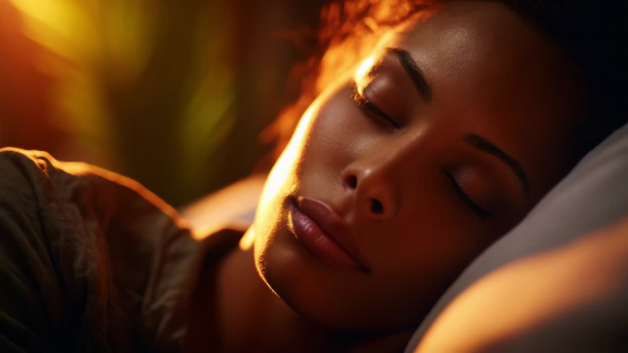 Et fredfyldt øjeblik er fanget, hvor det gyldne sollys blidt oplyser det rolige ansigt på en kvinde, der sover trygt på sin pude og udstråler ro og afslapning i hyggelige omgivelser.
