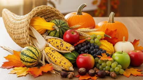 A Vibrant Cornucopia Displaying Autumn&#039;s Abundance with Diverse Harvested Fruits, Colorful Vegetables, and Seasonal Decor in a Beautiful Arrangement