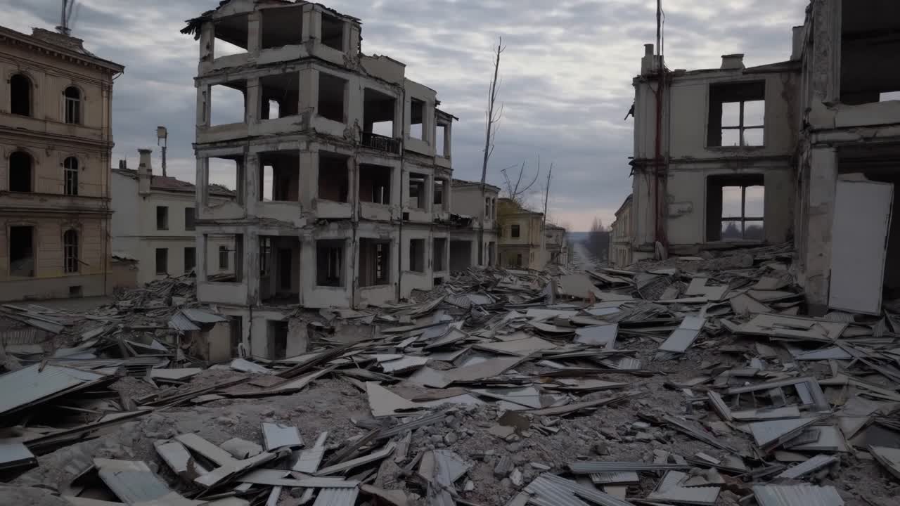 Urban scene depicts a devastated area with crumbled structures and debris, capturing the haunting remnants of a once-vibrant community, evoking feelings of loss and desolation