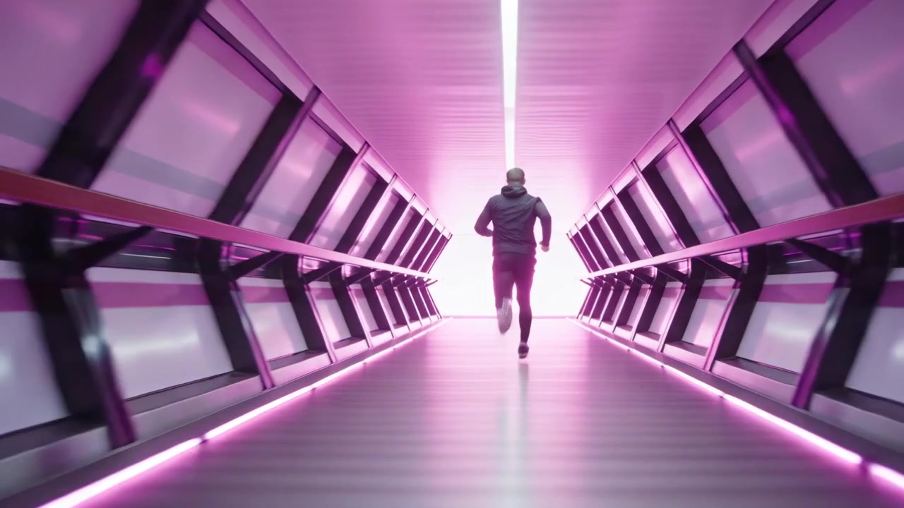Běžící muž v tmavé mikině s kapucí pronásleduje jasný otvor směrem k purpurovému průchodu s LED páskovým zábradlím.