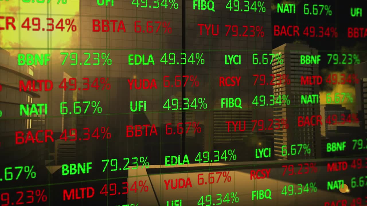 Animazione dell'elaborazione di dati finanziari su un paesaggio urbano