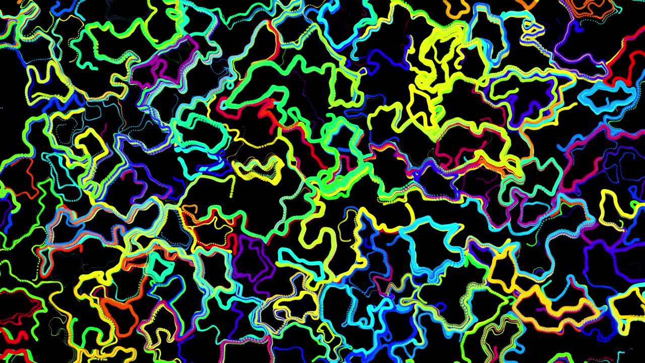 Abstract creative looped bg with curled lines like trails of different colors. Lines form swirling pattern like curle noise. Abstract 3d looping flowing animation as bright creative festive background