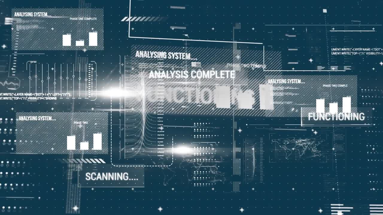 Animation of text and data processing over blue background
