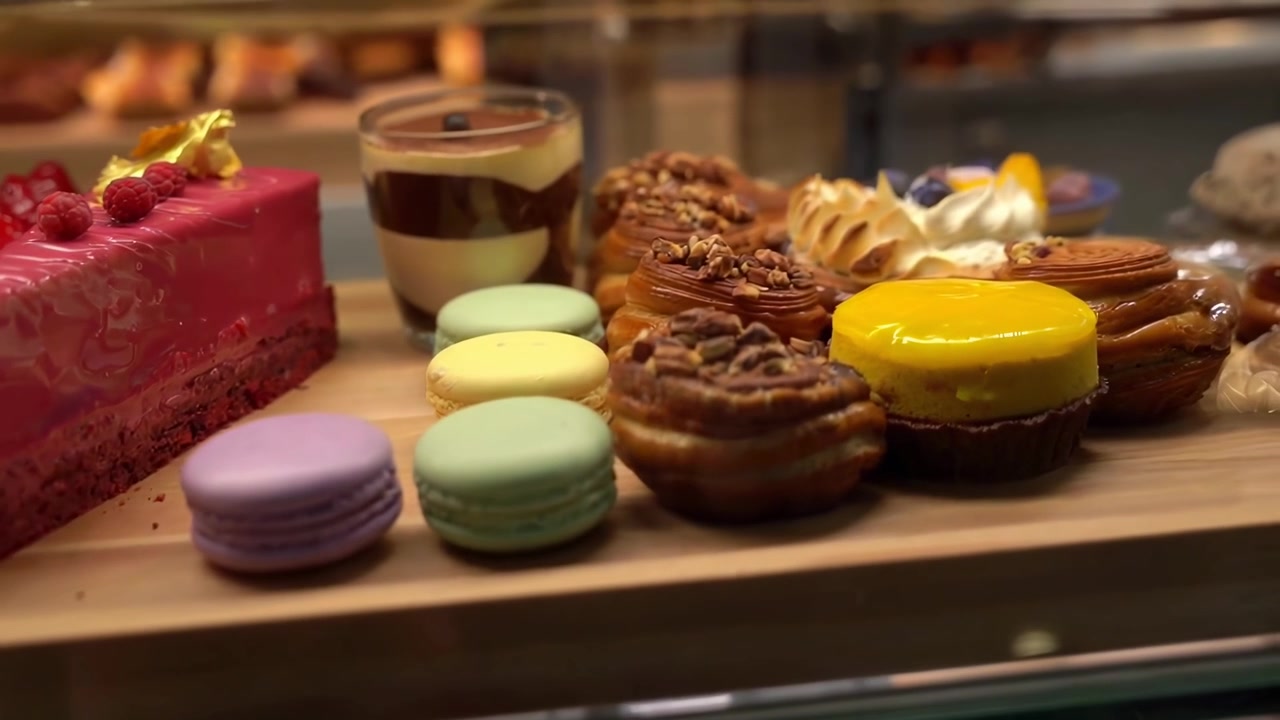 Assorted Gourmet Pastries and Desserts Displayed in a Bakery Showcase