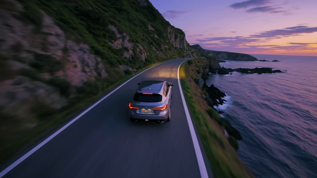 Aerial video captures a sleek car on a coastal road at sunset, highlighting dynamic motion video