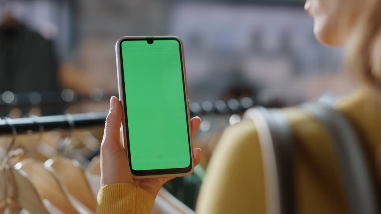 adicto a las compras navegación pantalla verde teléfono inteligente centro comercial en línea primer plano mujer de compras