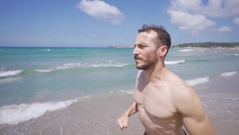 stable sportsman running in the sea in slow motion.