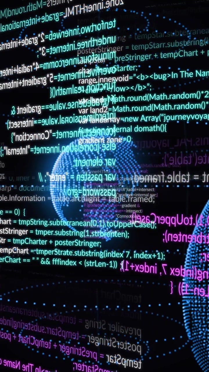 Animation of data processing and light trails spinning over three globe icons on black background