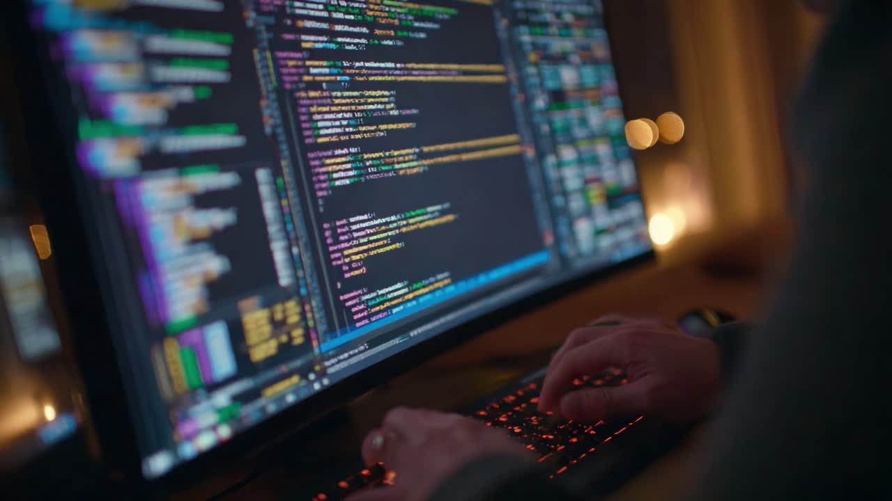 In-depth Look at Coding: Programmer Engrossed in Software Development on Computer Screen Filled with Colorful Code Snippets and Dynamic Syntax in Modern Workspace