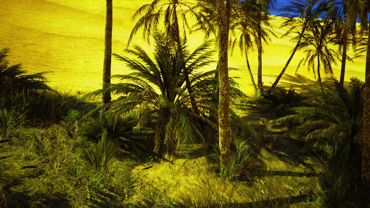 Lush greenery amidst golden sand dunes in a serene desert oasis