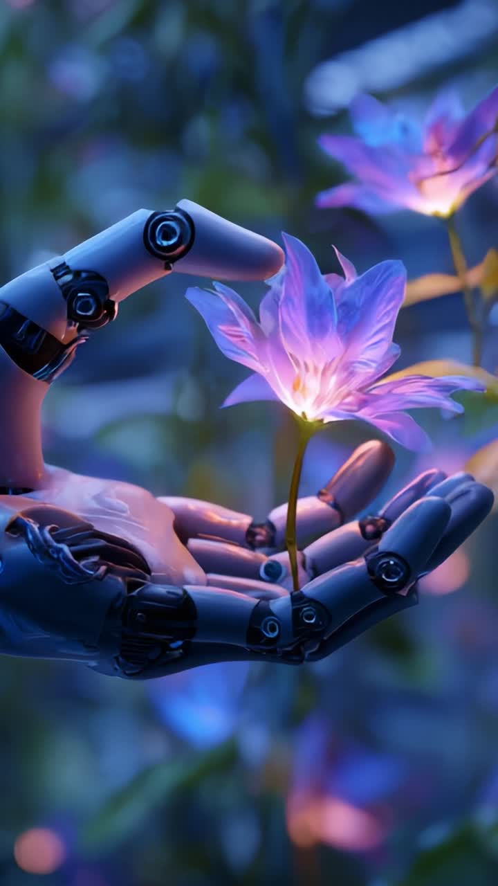 A robotic hand gently holds a glowing flower, symbolizing the fusion of technology and nature in a captivating display of harmony and beauty at twilight