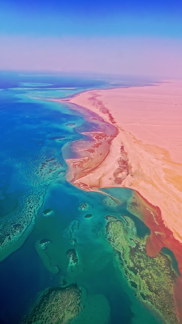 Airplane window view over Red Sea showing coral reef patterns and turquoise water under daylight, cinematic travel shot