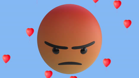 animation of angry emoji icon with red heart balloons icons on blue background