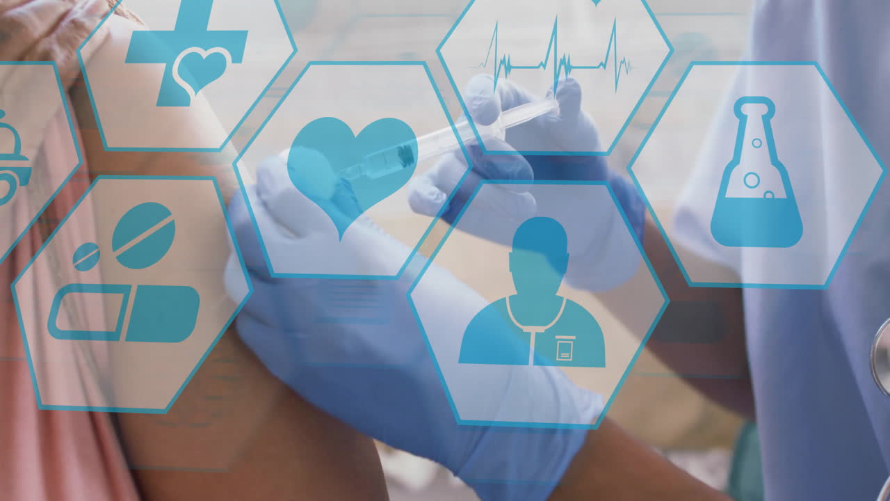 다양한 여성 환자와 주사하는 의사에 대한 의료 아이콘의 애니메이션