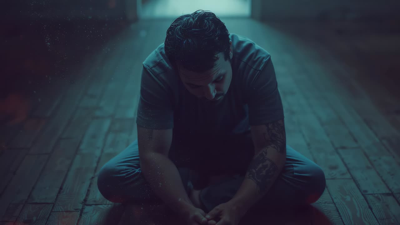 Hunching, frames advancing, man clasping while crossed on wood floor blue door tattoos tshirt jeans