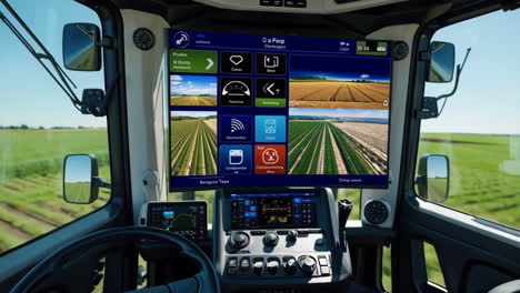 inside a modern agricultural vehicle cabin with advanced digital controls