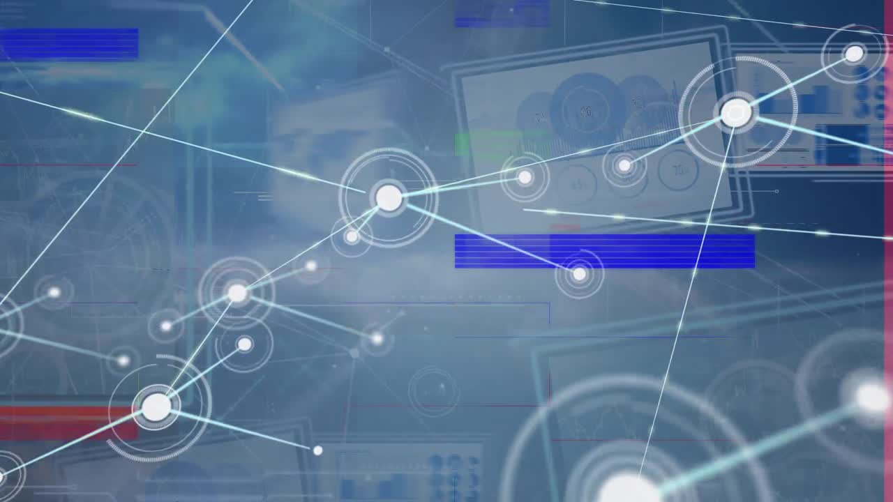 animación de puntos de conexión digitales con líneas, pantallas con gráficos y glitch distorsionado colorido