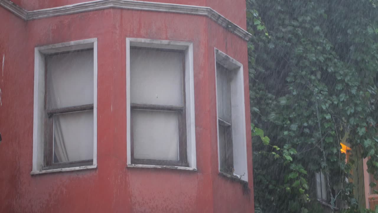 Old Red Building in Rain