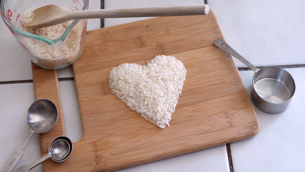 White rice grain in a heart with cooking utensils on a wooden cutting board in a kitchen PUSH IN
