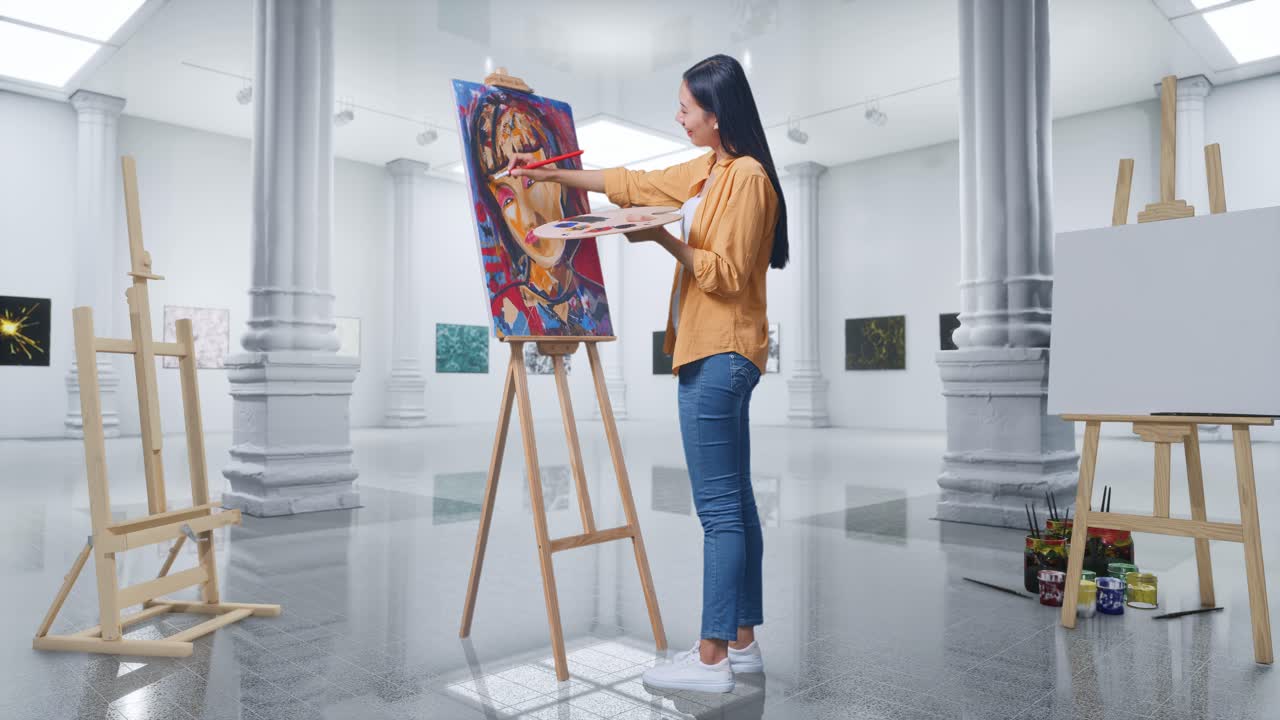 женщина рисует портрет в художественной галерее