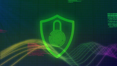 Animation-of-security-padlock-icon,-gradient-colorful-digital-wave,-light-spot-and-data-processing