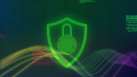 animation of security padlock icon, gradient colorful digital wave, light spot and data processing