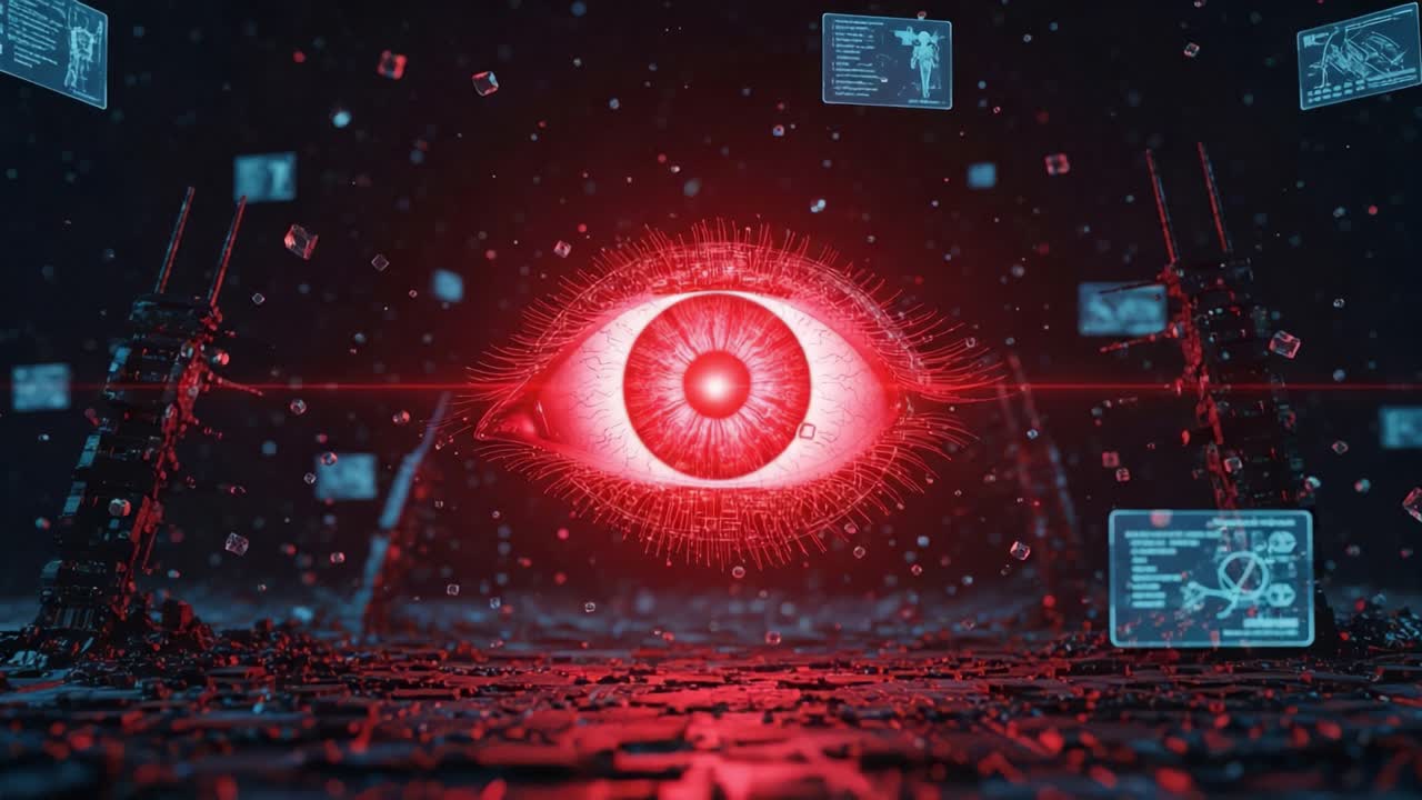 A Futuristic Visual Representation of an All-Seeing Eye Surrounded by Digital Information and High-Tech Displays in a Dark, Red-Hued Environment