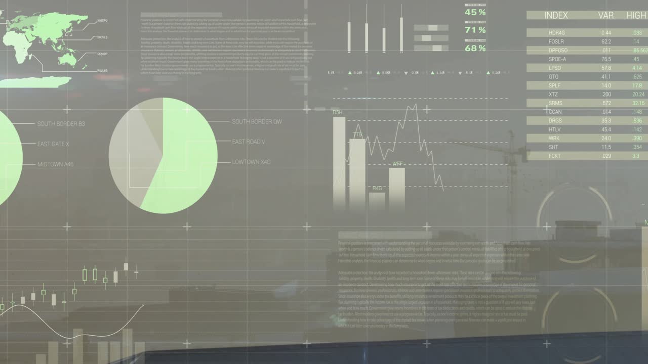 HUD overlay projecting over hazy skyline, panels appearing and animating to show live data