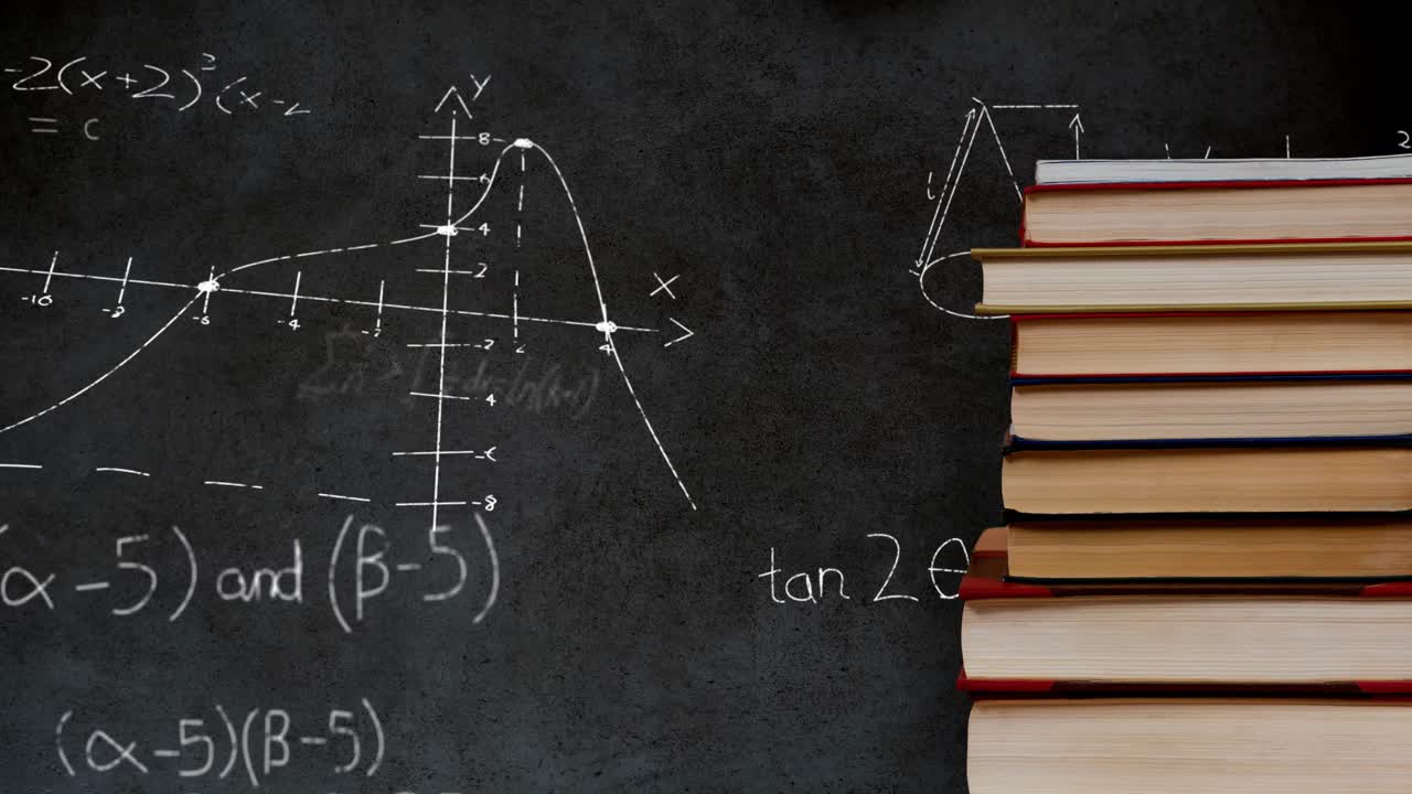Pile of books and mathematical equations and graphs