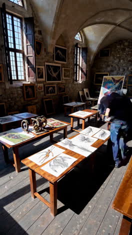 classroom/study room in a historical building with art and prints