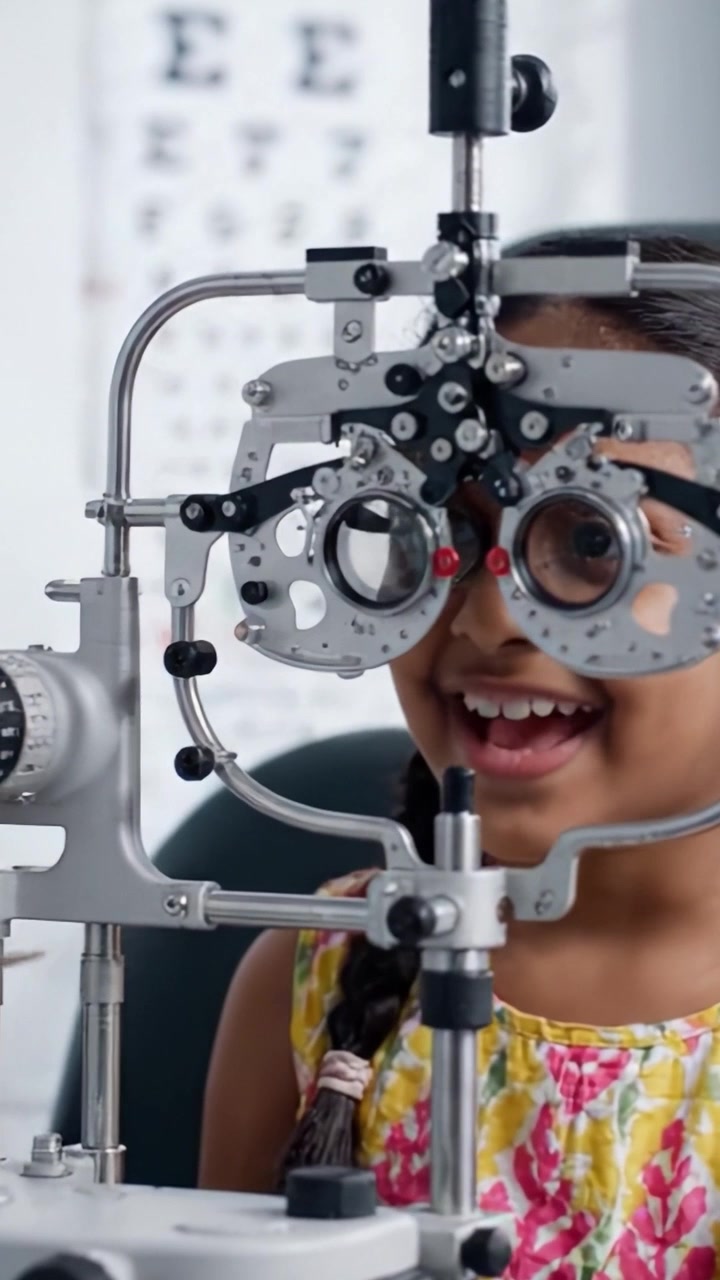 Young Girl Undergoing a Vision Test with an Ophthalmic Device, Smiling, and Engaged in the Eye Examination Process in a Clinical Setting