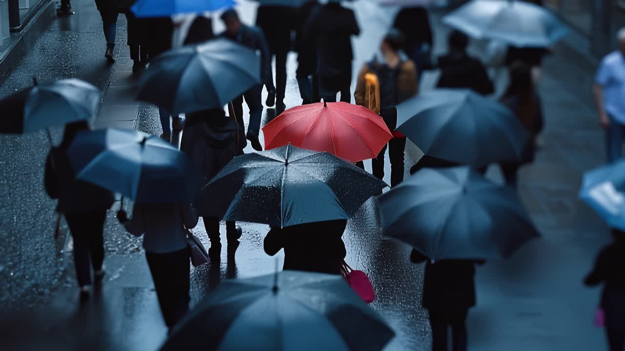 Strada piovosa, ombrelli scuri affollano la scena. Un ombrello rosso brillante spicca, attirando l'attenzione. Le persone camminano con toni sommessi, concentrate sul loro percorso. Il rosso simboleggia l'unicità in mezzo alla conformità.