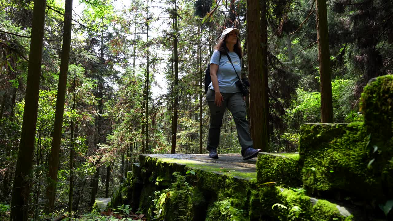 Woman hikes alone on a mossy stone path in a lush forest in Zhangjiajie, China