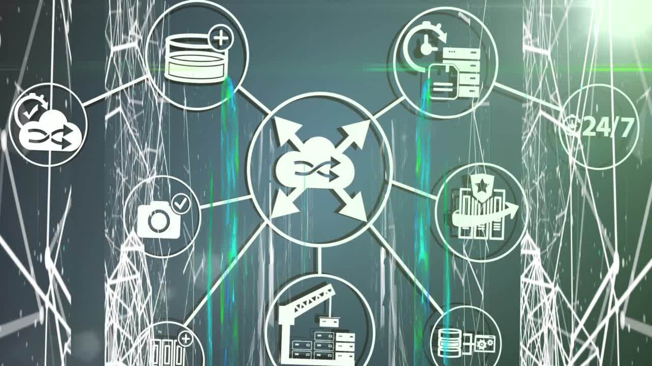 animaciones de la red de conexiones con iconos sobre el procesamiento de datos en fondo oscuro